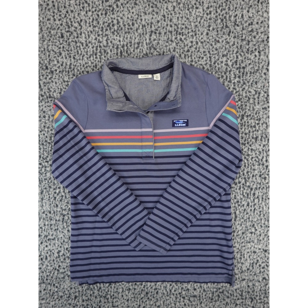 LL Bean Mens M Blue Striped Rugby Shirt Long Sleeve Rainbow‎ Logo Patch Regular